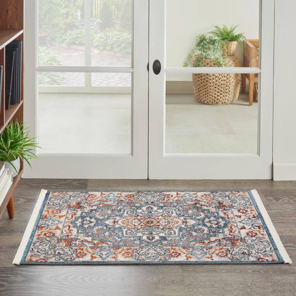 Geneva Medallion Fringe Edge Blue and Grey Transitional Rug