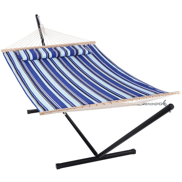Atesun 12.3 ft. Fabric 2-Person Hammock with Stand and Detachable Pillow, Blue
