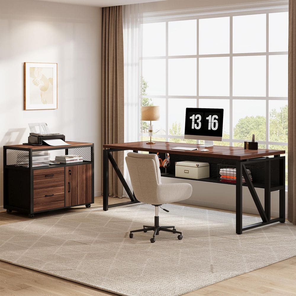 63 in. L-Shaped Dark Walnut and Black Executive Desk with File Cabinet and Drawers, Reversible Office Desk with Shelves