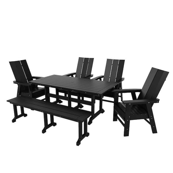 Shoreside Outdoor Patio Weather Resistant Black 6-Piece HDPE Plastic Adirondack Dining Set with Bench