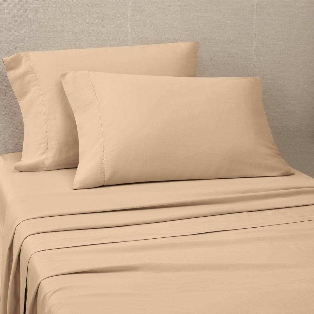 Portico Organic Cotton 300 Thread Count Washed Oxford Tan Queen Sheet Set Sspgc008cstot The Home Depot