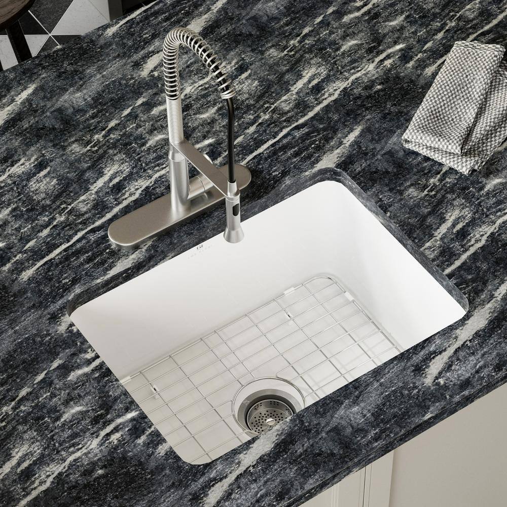 24 in. White Undermount/Drop-in Kitchen Sink Single Bowl, Ceramic Drop-in Kitchen Sink, Drain Kit and Grid Included