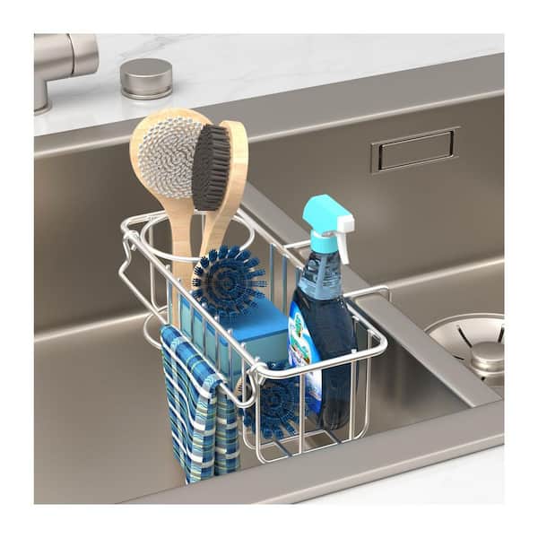 Stainless Steel Sink Caddy Organizer with Soap Dispenser Brush Holder Rustproof Hanging Sponge Organizer Easy Clean