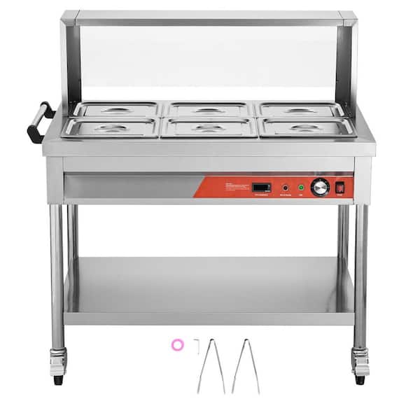 6-Pan Commercial Food Warmer, 6 x 1/2 Pans Electric Steam Table, 1500-Watt Buffet Catering Warmer with Undershelf Shield