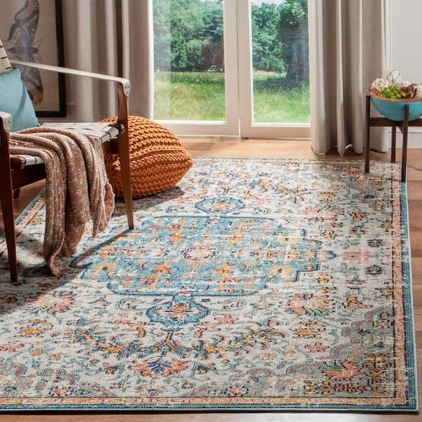 Madison Grey/Light Blue Doormat 2 ft. x 4 ft. Border Geometric Floral Medallion Area Rug