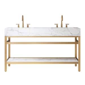 Ecija 60 in. W x 22 in. D x 33.9 in. H Double Sink Bath Vanity in Brushed Gold with White Stone Top