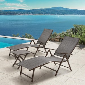 3-Piece Metal Outdoor Chaise Lounge in Dark Gray with Side Table