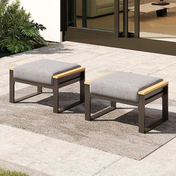 AURA OUTDOOR 2 Pieces Aluminum Patio Ottoman, Outdoor Ottoman with Grey Cushions, Grey