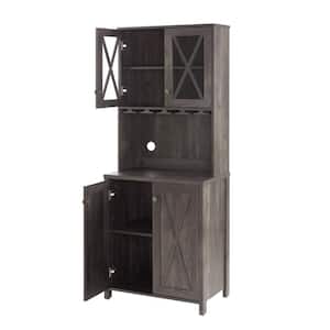 26.89inx15.87inx67.3in Charcoal Gray Minimalist MDF Ready to Assemble Kitchen Cabinet with Wine Rack and 2 Glass Doors