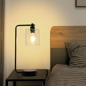 19 in. Clear Table Lamp with Wireless Charger and Glass Shade