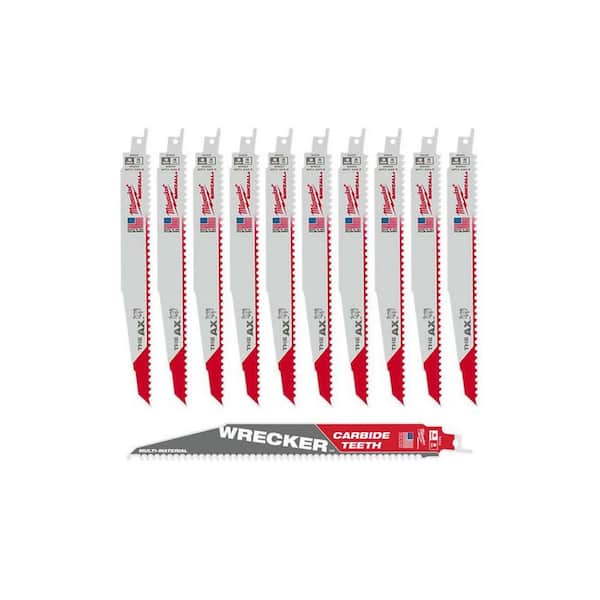 Milwaukee 9 in. 5 TPI AX Nail-Embedded Wood Cutting SAWZALL Reciprocating Saw Blades (10-Pack) & 9 in. 6 TPI WRECKER Carbide Blade