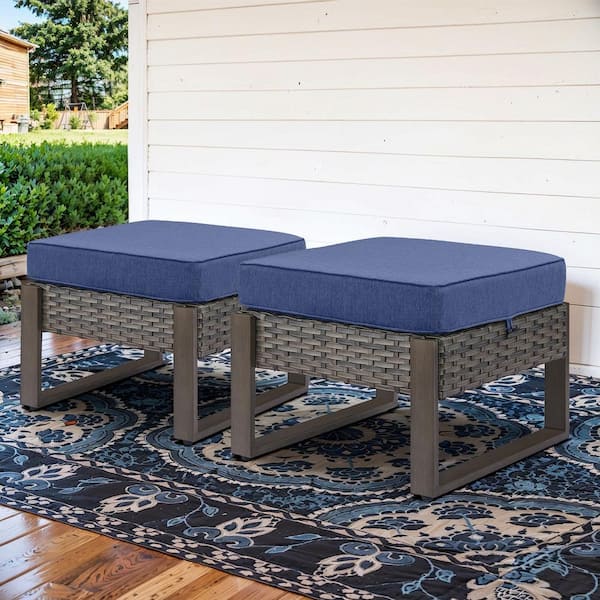 MetalWood Metal and Gray Wicker Outdoor Ottoman with Olefin Navy Blue Cushion (2-Pack)