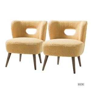 Mini Mustard Vegan Lambskin Sherpa Upholstery Side Chair with Cutout Back and Solid Wood Legs (Set of 2)