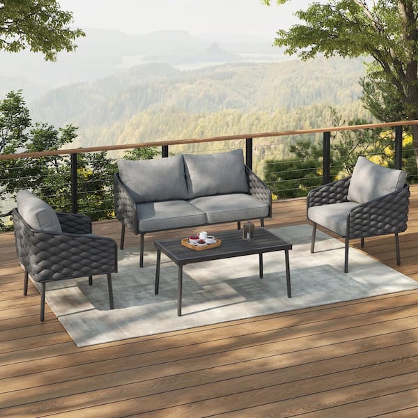 Carter Dark Grey 4-Piece Metal Outdoor Rope Patio Conversation Seating Set with Grey Cushions