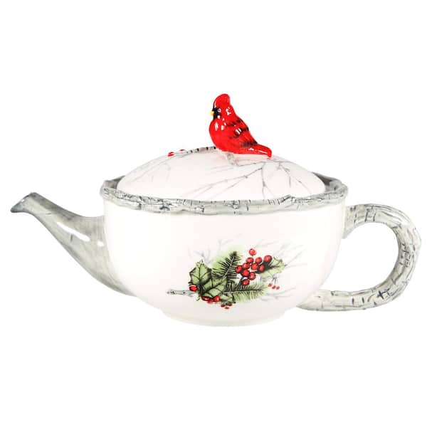 Home Essentials 23 fl. oz. Cardinal Holly Teapot with Faux Bamboo Handle, Spout and Rim