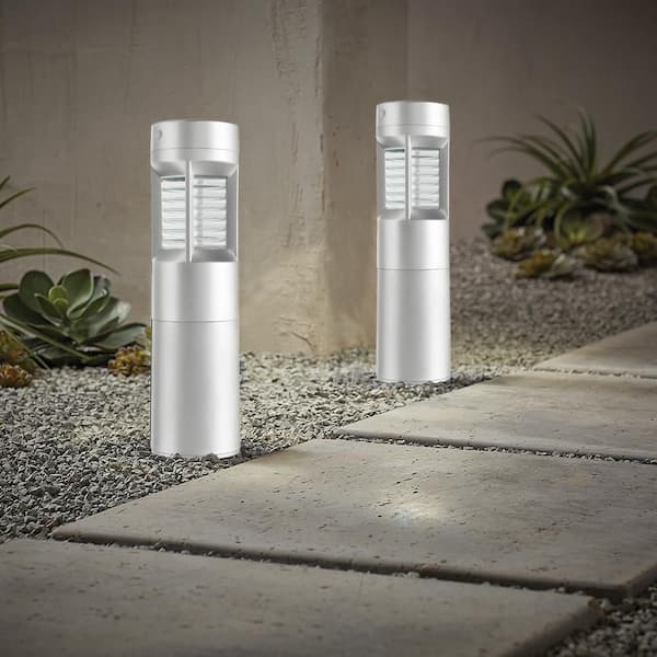 Limestone Silver Motion Sensing Integrated LED Outdoor Solar Bollard Light with Adjustable Height (2-Pack)