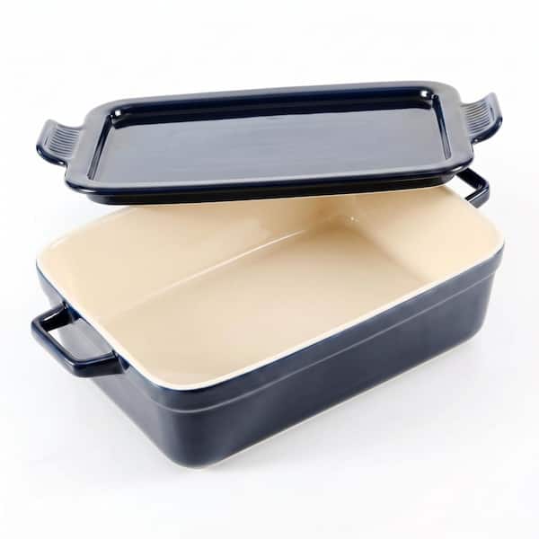 Ceramic Baking Dish w/ Lid, 3 Quart Rectangular Stoneware Casserole Dish for Baking and Serving w/ Handles, Blue BP13BL