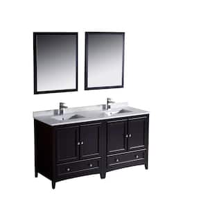 Oxford 60 in. Double Vanity in Espresso with Ceramic Vanity Top in White with White Basins and Mirror
