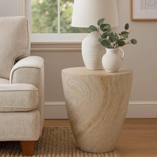 Archi 18.25 in. Marbled White Short Round Resin Indoor Plant Stand Table with Pedestal Base