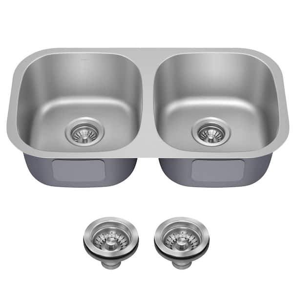 Premier Undermount Stainless Steel 32 in. 50/50 Double Bowl Kitchen Sink