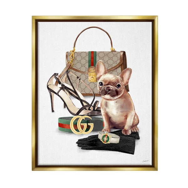 Stylish Puppy Dog Designer Purse Shoes Accessories by Ziwei Li Floater Frame Animal Wall Art Print 31 in. x 25 in.