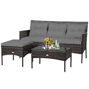 Brown 3-Piece Wicker Outdoor Patio Sectional Sofa Seating Set with Gray Cushions
