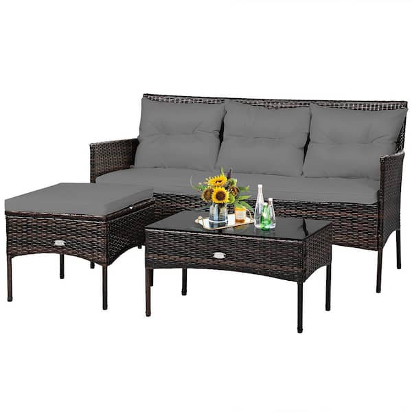 Alpulon Brown 3-Piece Wicker Outdoor Patio Sectional Sofa Seating Set with Gray Cushions