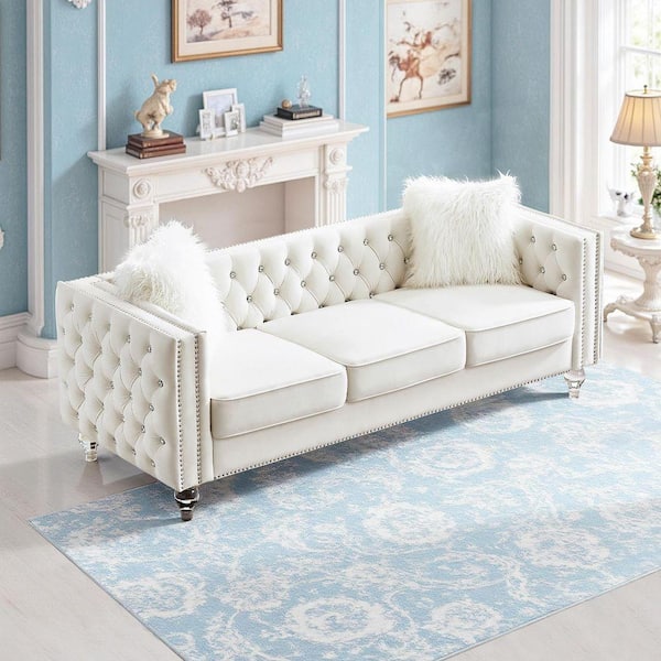 WONDER COMFORT Chic 83.07 in. Square Arm Velvet 3-Seater Rectangle Sofa Couch with Tufted Buttons, Nailhead & Acrylic Legs in. White