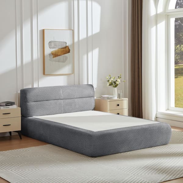 Compressible Dark Gray Frame Queen Platform Bed, Sofa Bed, Chenille Upholstered with Headboard, Pocket Spring Support