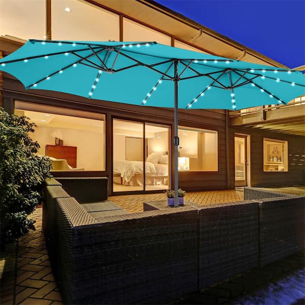 costway patio double-sided market umbrella crank 15 Feet Twin Patio Umbrella with 48 Solar LED Lights-Turquoise