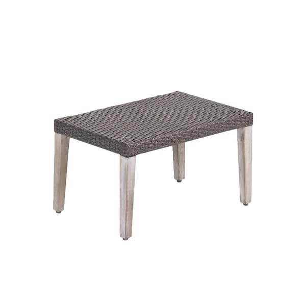 Grey Acacia Wood and Wicker Outdoor Ottoman with Woven Polyethylene Rattan Top (1-Pack)
