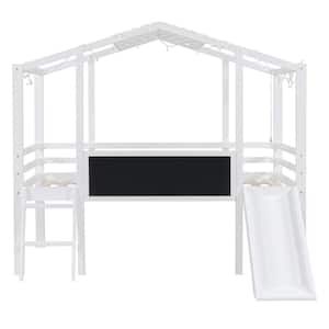 White Twin Size Low Loft Bed with Slide and Blackboard
