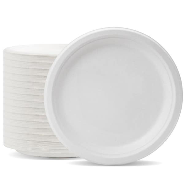 150-Pack 10 in. Round White Compostable Paper Plates, Disposable Biodegradable Natural Sugarcane Fiber Paper Plates