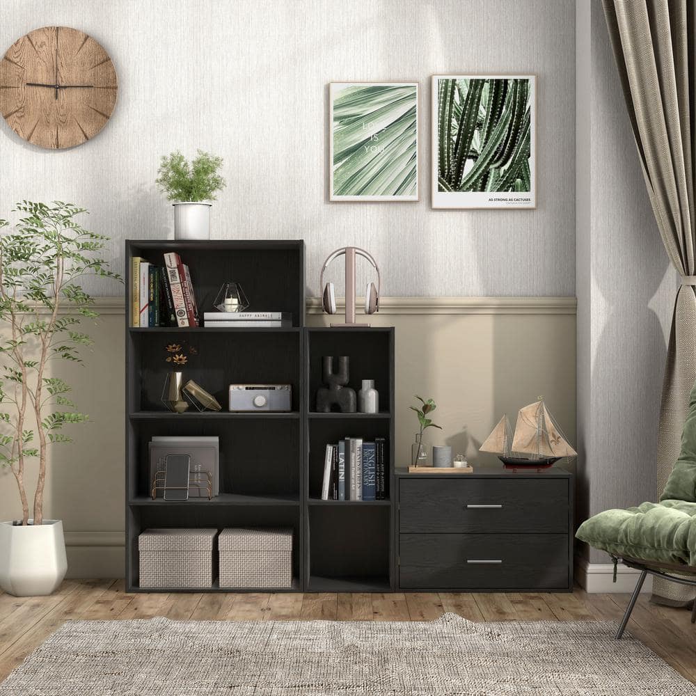 Black 47" Modern Stackable 4-Tier Wood Cube Bookcase