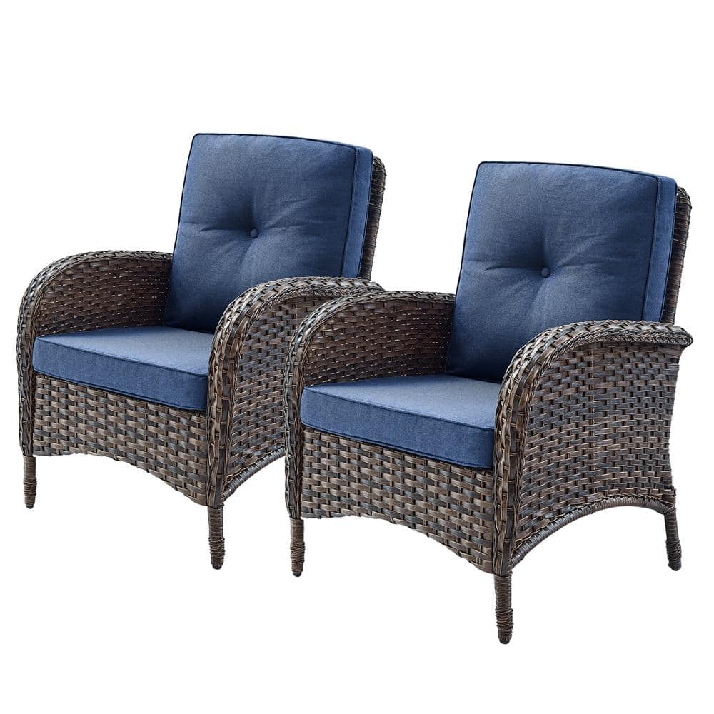Wicker Brown Outdoor Patio Flat Handrail Lounge Chair with CushionGuard Cushions in Blue 2-Piece price history on PriceWatchPro