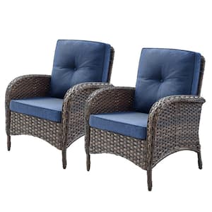 Wicker Brown Outdoor Patio Flat Handrail Lounge Chair with CushionGuard Cushions in Blue 2-Piece