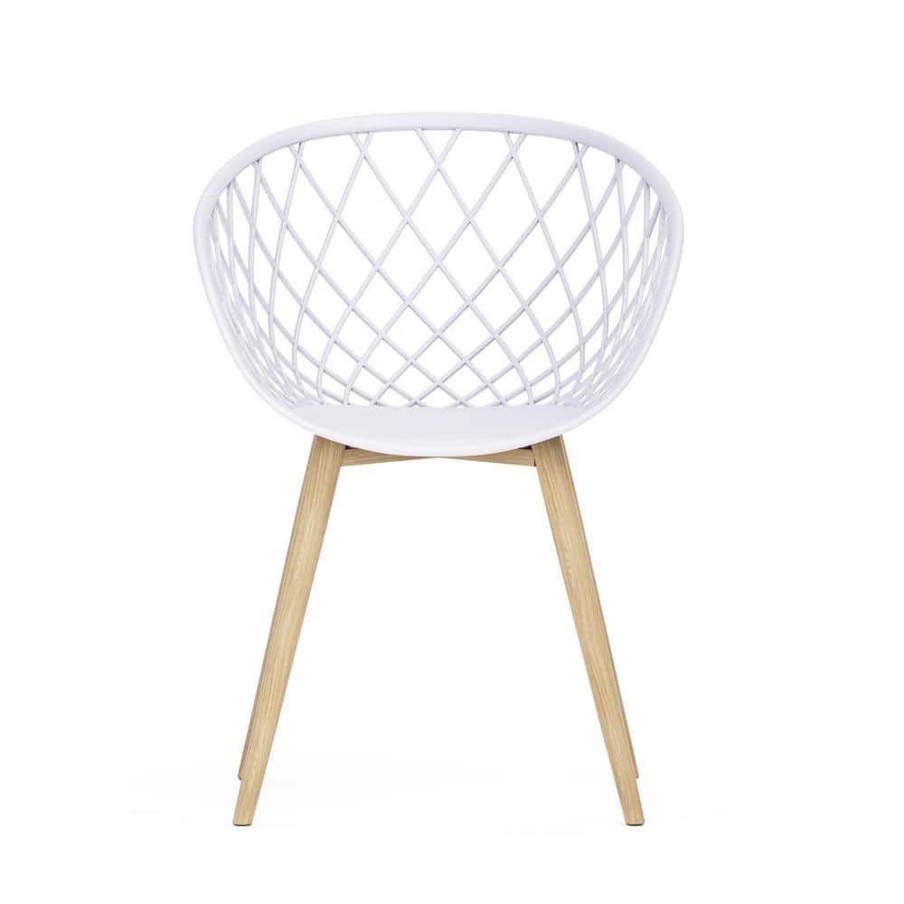 Modern White & Natural Wood Contoured Arm Chair, Set of 2