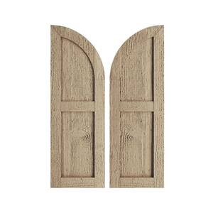 12 in. x 56 in. Polyurethane Rough Sawn Two Equal Flat Panel w/Quarter Round Arch Top Faux Wood Shutters Primed Tan