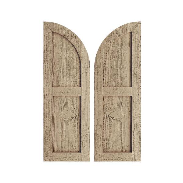 Ekena Millwork 12 in. x 56 in. Polyurethane Rough Sawn Two Equal Flat Panel w/Quarter Round Arch Top Faux Wood Shutters Primed Tan