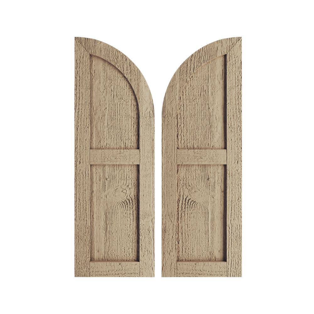 15 in. x 88 in. Polyurethane Rough Sawn Two Equal Flat Panel w/Quarter Round Arch Top Faux Wood Shutters Primed Tan