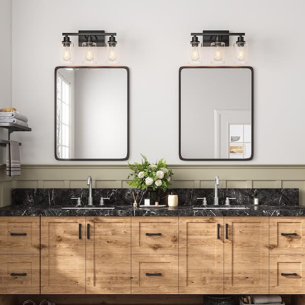 16.9 in. 3-Light Matte Black Vanity Light with Clear Glass Shades and Rectangular Backplate