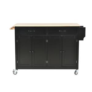 54.3 in.W Black Wood Kitchen Island Cart With Two Drawers