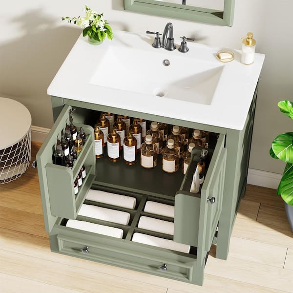30 in. Single Sink Freestanding Green Bath Vanity with White Ceramic Top Unassembled