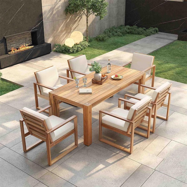 7-Piece Light Teak Wood Outdoor Dining Set with an Umbrella Hole and Removable Beige Cushions