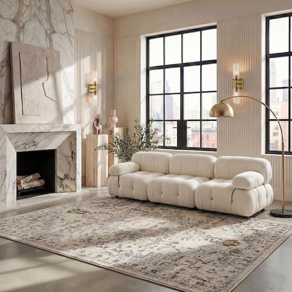 Madison 8 ft. x 10 ft. Ivory/Gray Gold Distressed Border Area Rug
