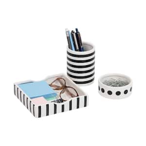 3 in. L x 3 in. W x 4 in. H Desktop Organizer Set Pen Cup Clip Dish Memo Tray Ceramic 3 Pcs., Black and White