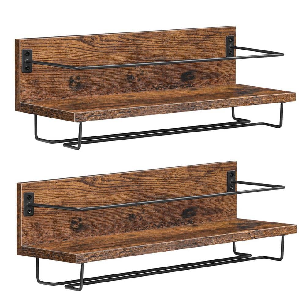 2-Pack 5.5 in. H x 15 in. W 8-Bottle Brown Black Wall Mounted Bar Shelves with Wine Glass Holder, Floating Wine Rack