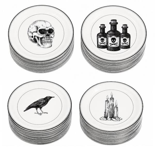 48-Piece Vintage Halloween Party Plates Skull Raven Poisonous Candle, Spooky Disposable Paper Plates for Halloween Party