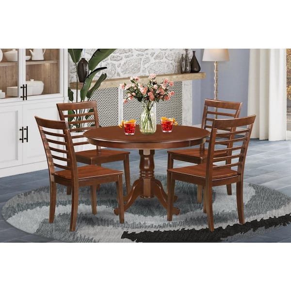 East West Furniture 5-Piece Round Mahogany Finish Solid Wood Top Dining table with 4 Chairs with Lattice Back