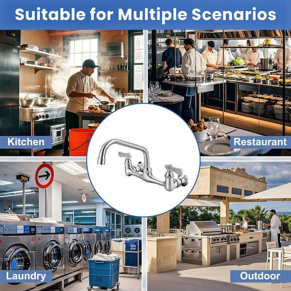 Double Handle Wall Mount Commercial Brass Standard Kitchen Faucet with 8 in. Swivel Spout 8 in. Center in Brushed Nickel